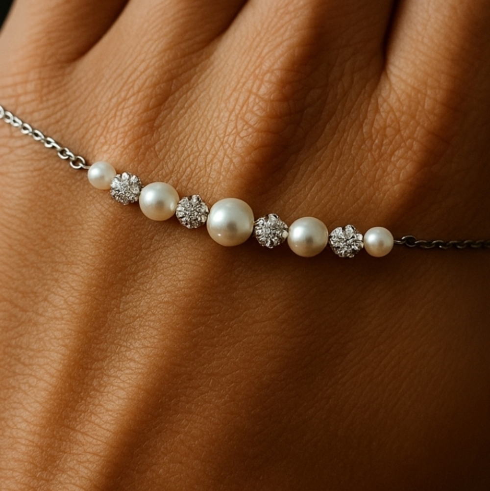 Elegant Pearl and Rhinestones Ball Shaped Silver Bracelet
